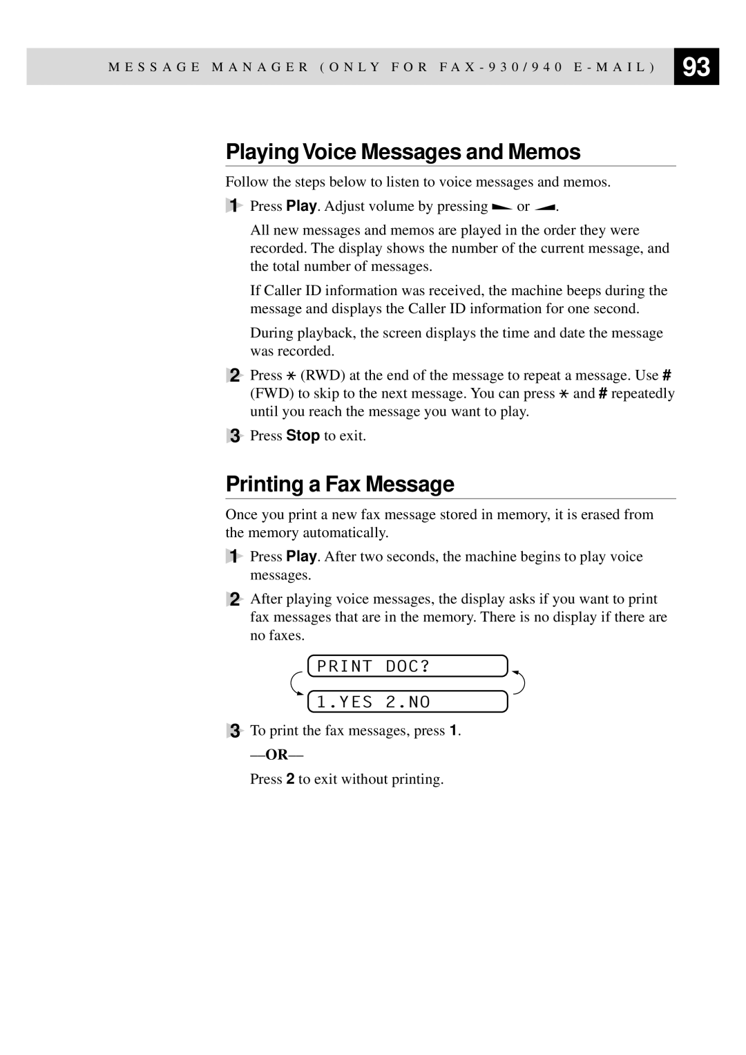 Brother FAX-920, MFC-925, FAX-930, FAX-940 E-mail manual Playing Voice Messages and Memos, Printing a Fax Message, Print DOC? 