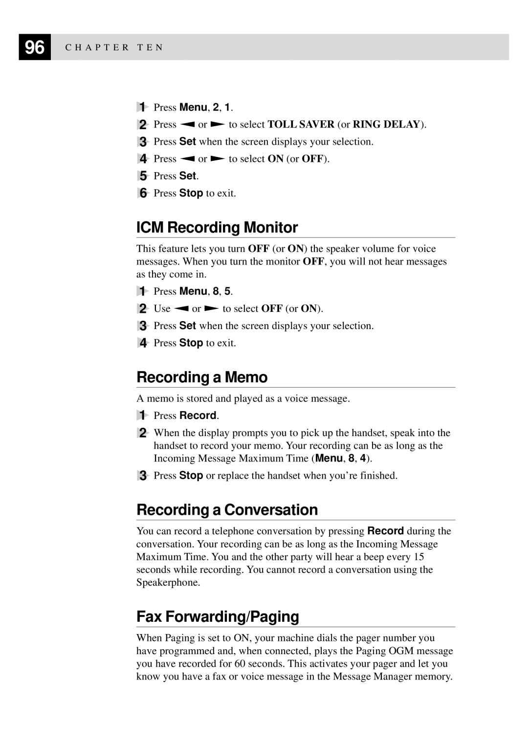 Brother FAX-940 E-mail, MFC-925 ICM Recording Monitor, Recording a Memo, Recording a Conversation, Fax Forwarding/Paging 