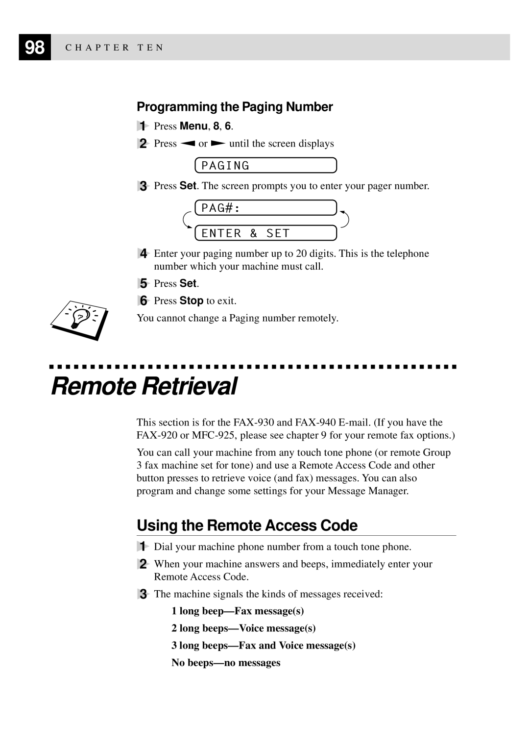 Brother MFC-925, FAX-930, FAX-940 E-mail manual Using the Remote Access Code, Programming the Paging Number, PAG# Enter & SET 