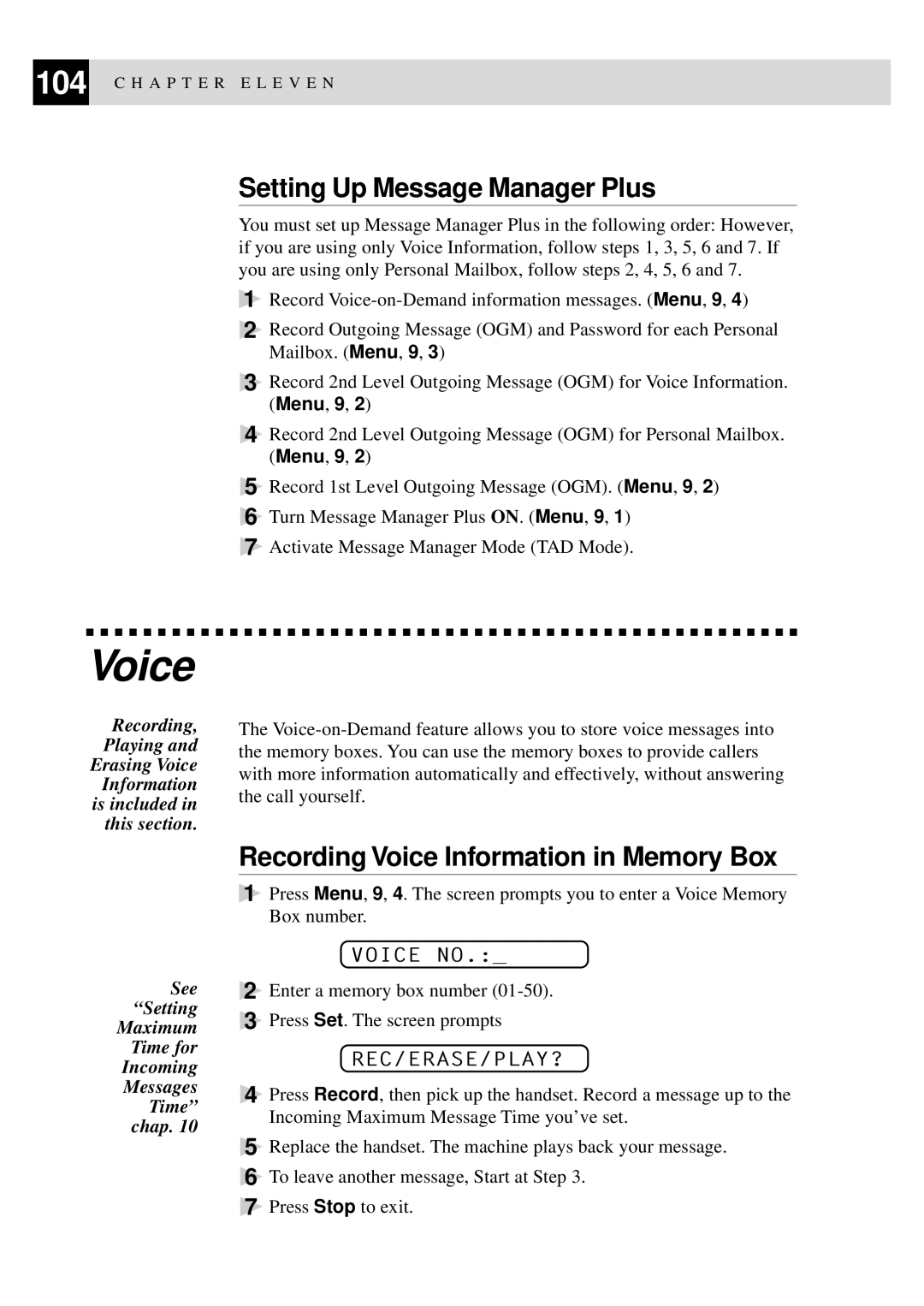 Brother FAX-940 E-mail, MFC-925 Setting Up Message Manager Plus, Recording Voice Information in Memory Box, Voice no 