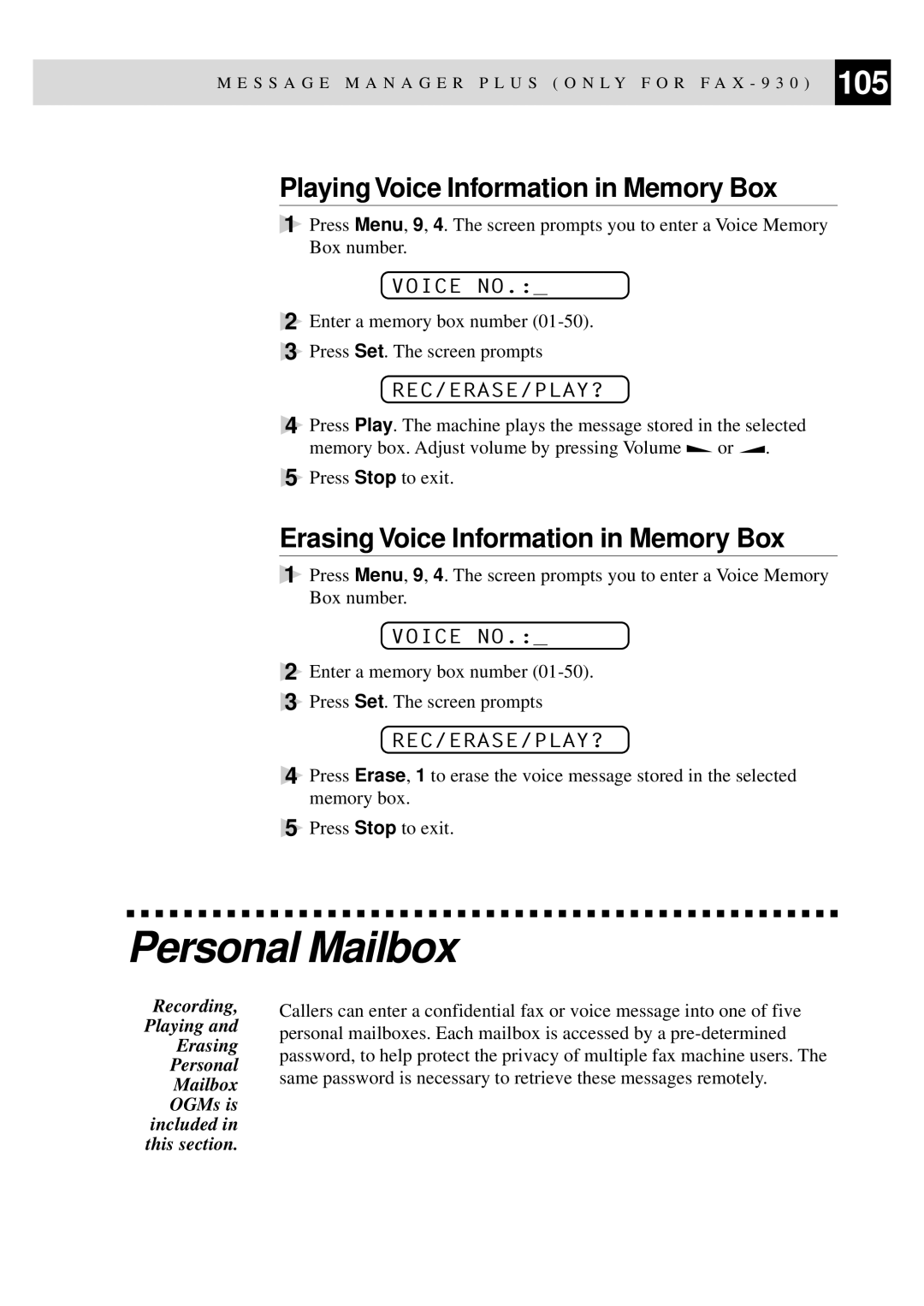 Brother FAX-920 manual Personal Mailbox, Playing Voice Information in Memory Box, Erasing Voice Information in Memory Box 