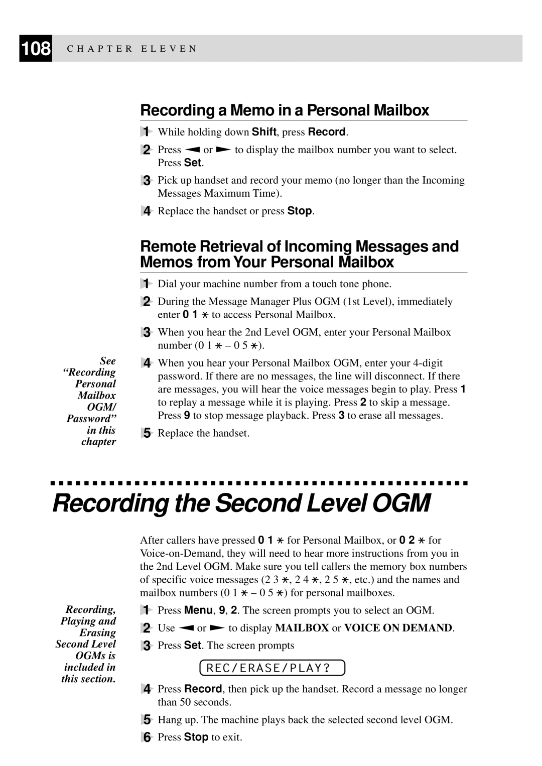 Brother FAX-940 E-mail, MFC-925, FAX-930, FAX-920 Recording the Second Level OGM, Recording a Memo in a Personal Mailbox 