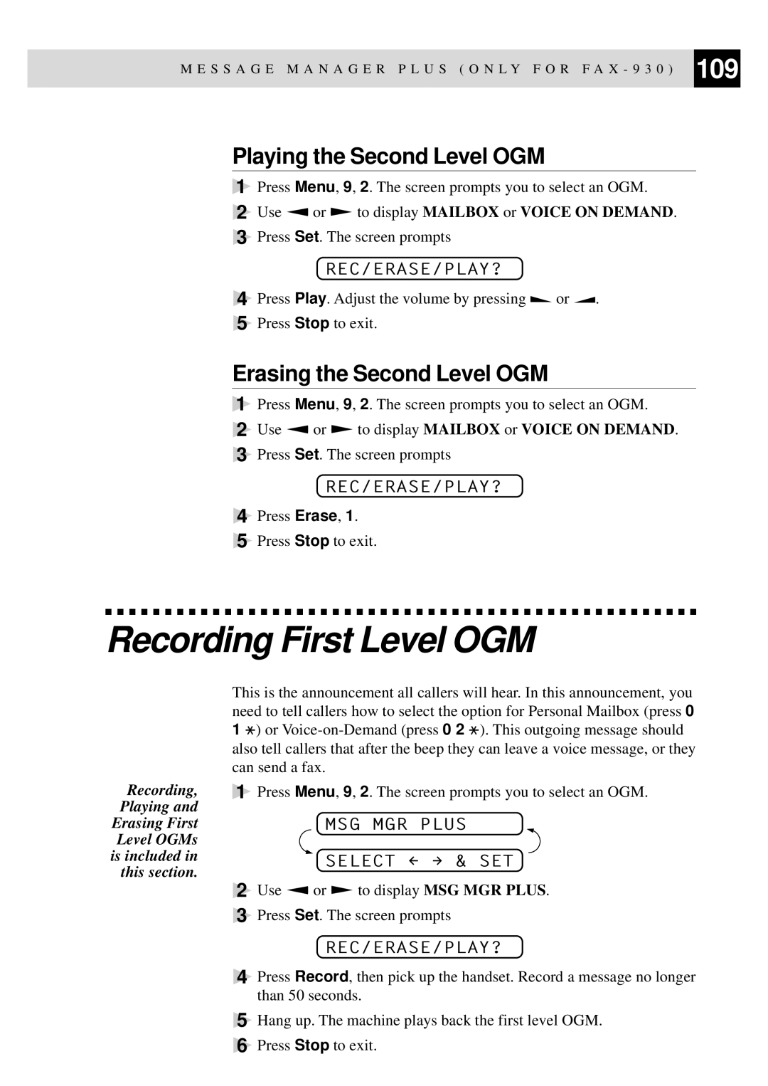 Brother FAX-920 manual Recording First Level OGM, Playing the Second Level OGM, Erasing the Second Level OGM, MSG MGR Plus 