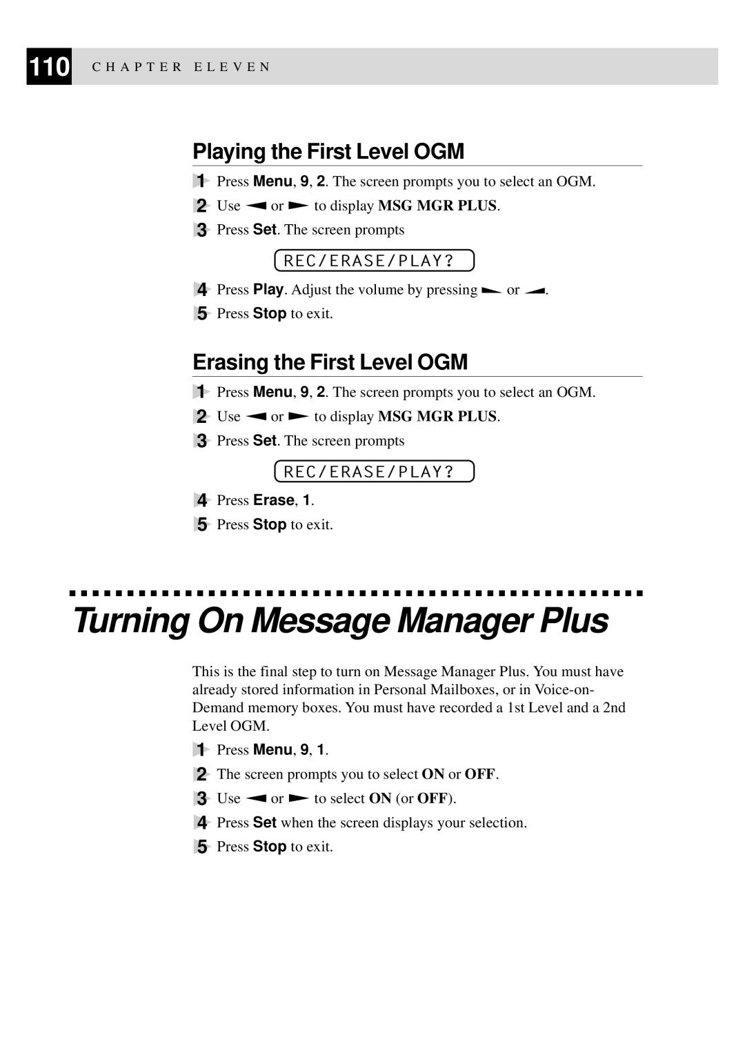 Brother MFC-925, FAX-930, FAX-920 Turning On Message Manager Plus, Playing the First Level OGM, Erasing the First Level OGM 
