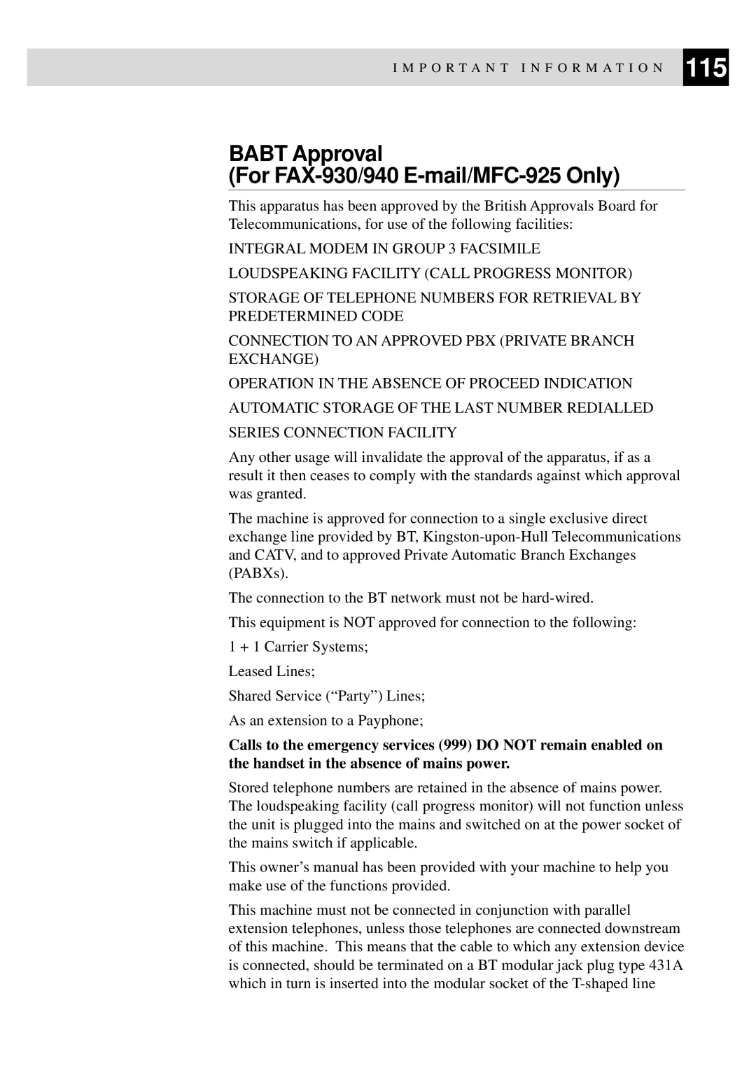 Brother FAX-940 E-mail, FAX-920 manual Babt Approval For FAX-930/940 E-mail/MFC-925 Only 