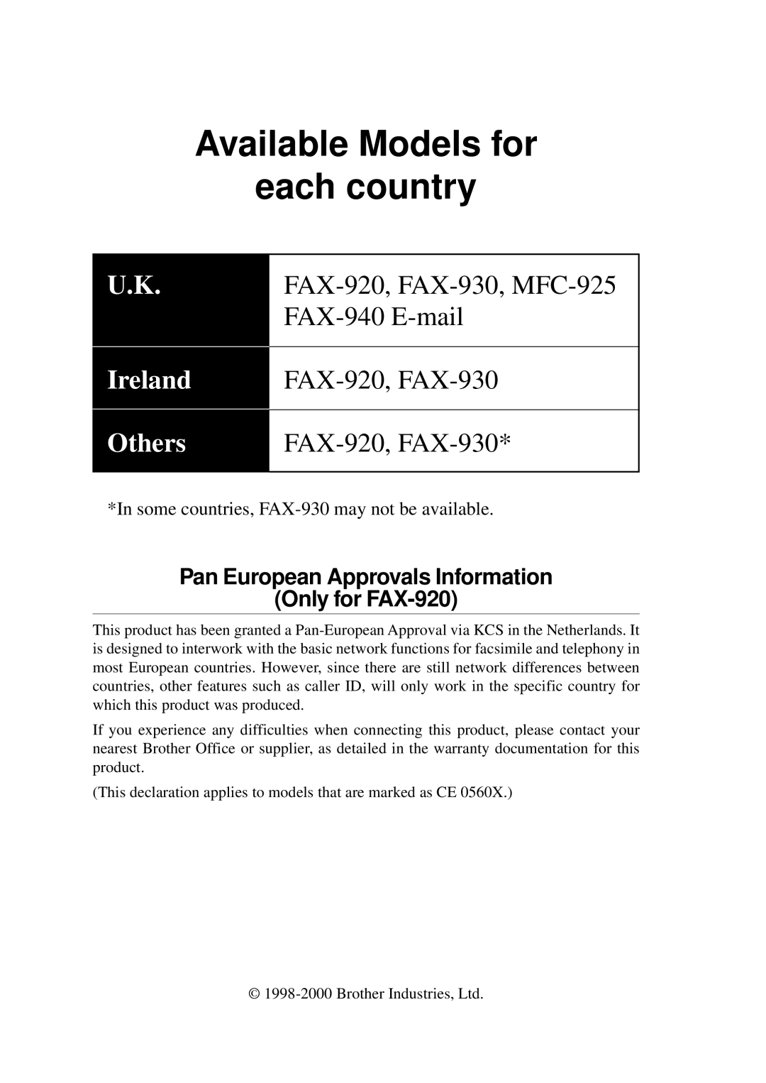 Brother FAX-940 E-mail, MFC-925 Available Models for Each country, Pan European Approvals Information Only for FAX-920 