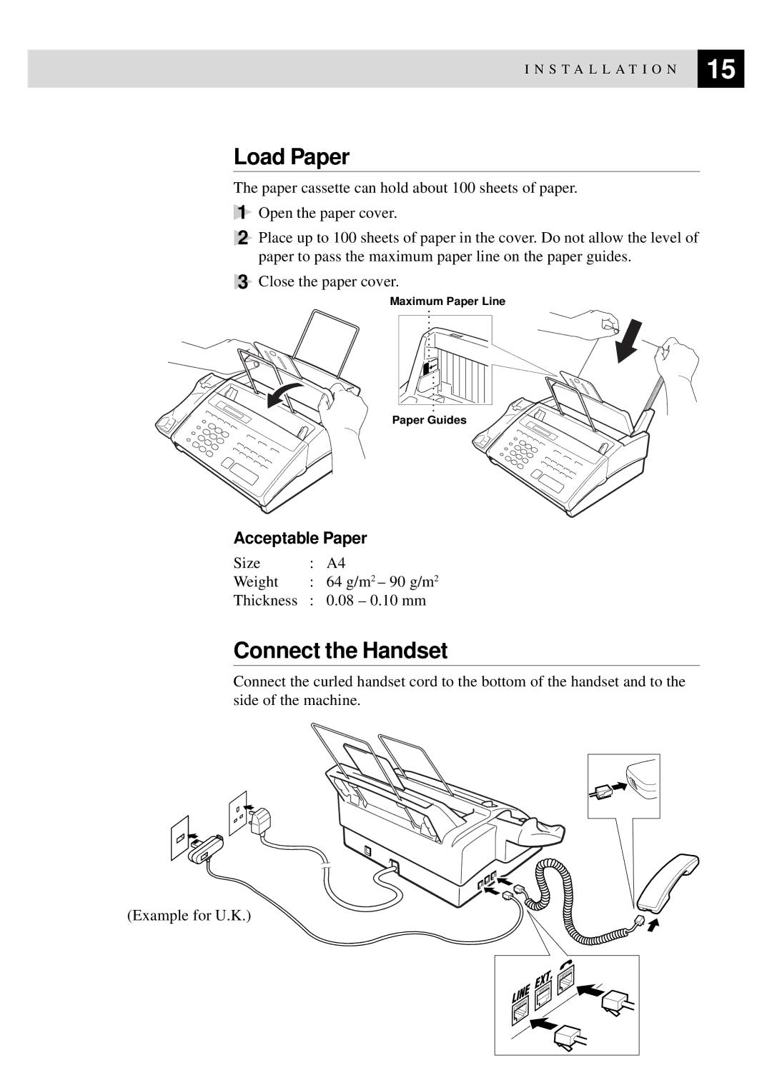 Brother FAX-930, MFC-925, FAX-940 E-mail, FAX-920 manual Load Paper, Connect the Handset, Acceptable Paper 