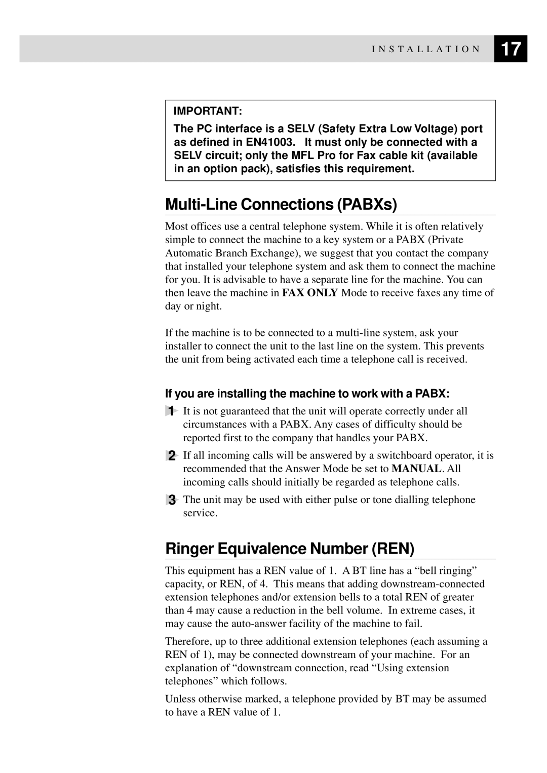 Brother FAX-920, MFC-925, FAX-930, FAX-940 E-mail manual Multi-Line Connections PABXs, Ringer Equivalence Number REN 