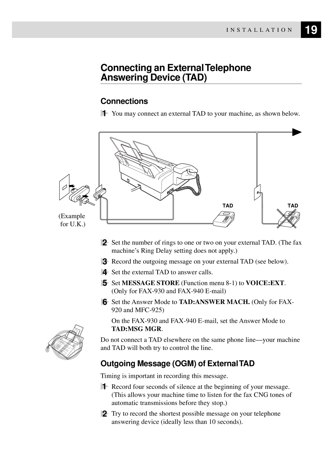 Brother FAX-930 Connecting an External Telephone Answering Device TAD, Connections, Outgoing Message OGM of External TAD 