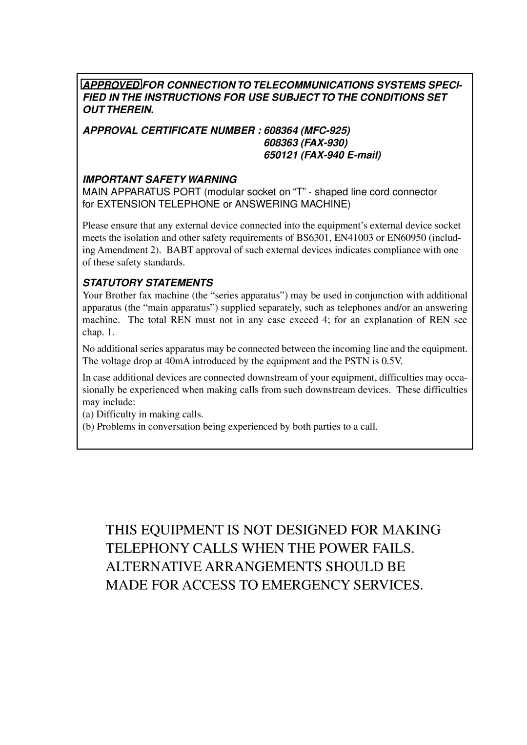 Brother FAX-920, MFC-925, FAX-930, FAX-940 E-mail manual Important Safety Warning 