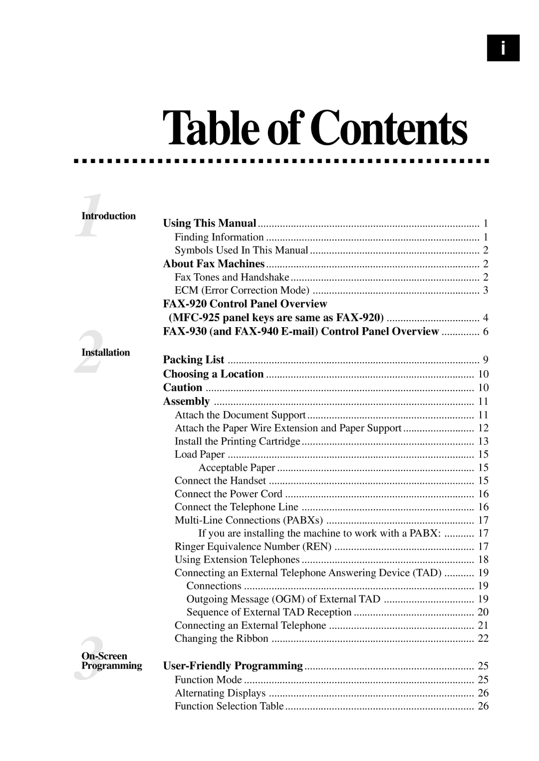 Brother MFC-925, FAX-930, FAX-940 E-mail, FAX-920 manual Table of Contents 