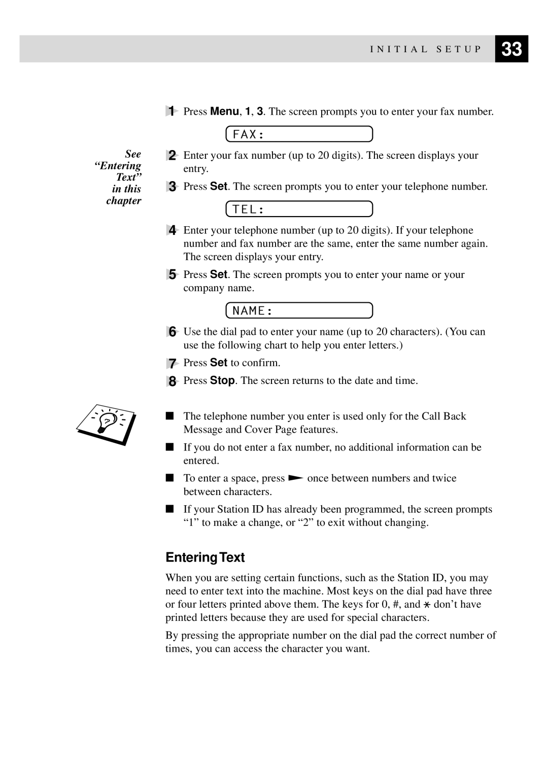 Brother FAX-920, MFC-925, FAX-930, FAX-940 E-mail manual Entering Text, Fax, Tel, Name 