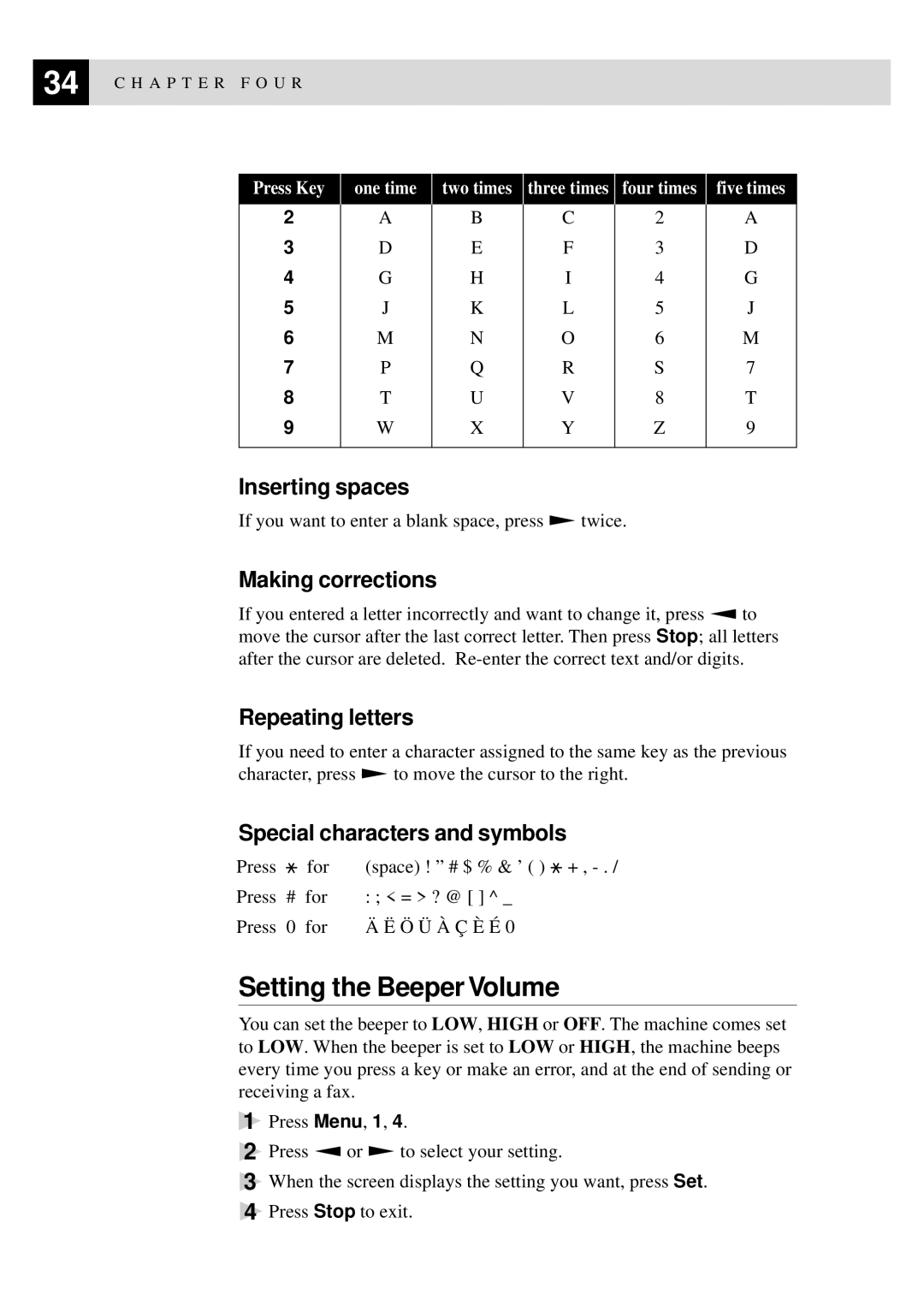 Brother MFC-925, FAX-930, FAX-940 E-mail Setting the Beeper Volume, Inserting spaces, Making corrections, Repeating letters 