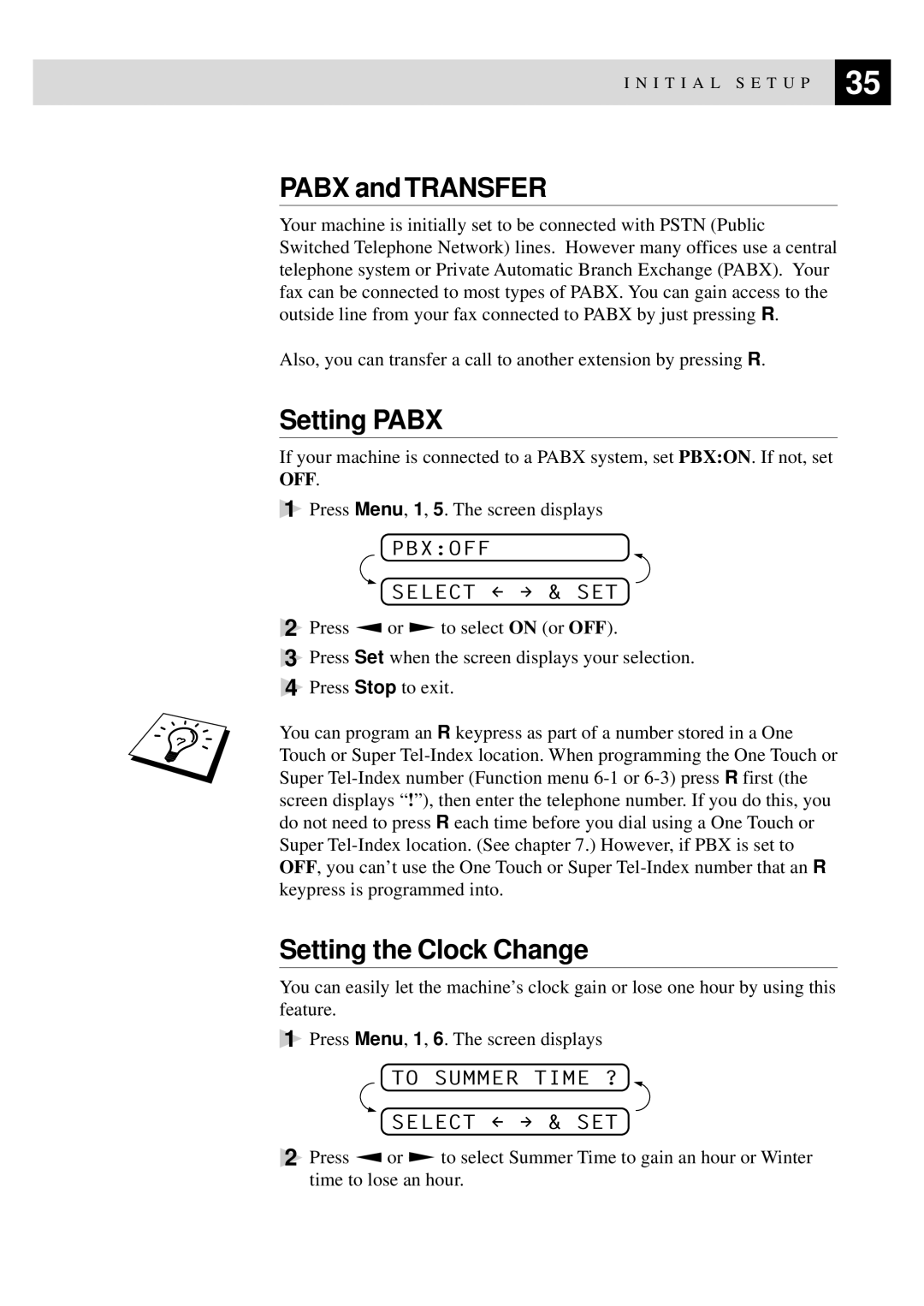 Brother FAX-930, MFC-925, FAX-940 E-mail Pabx and Transfer, Setting Pabx, Setting the Clock Change, Pbxoff Select & SET 