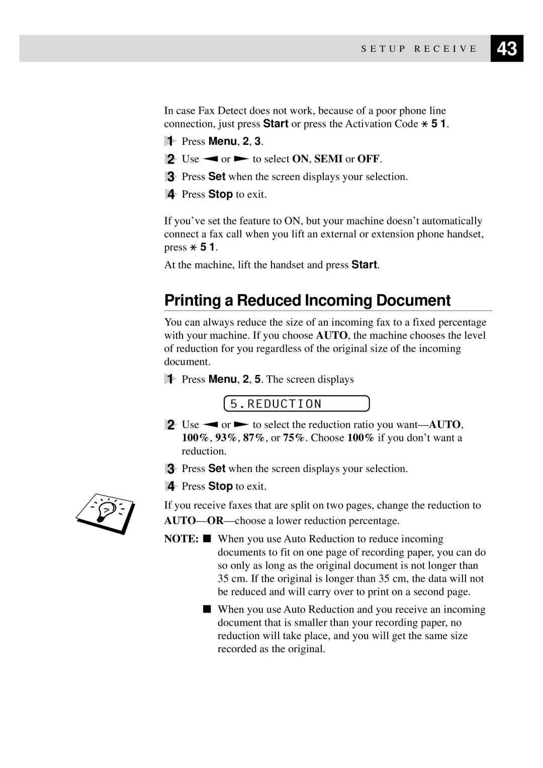 Brother FAX-930, MFC-925, FAX-940 E-mail, FAX-920 manual Printing a Reduced Incoming Document, Reduction 