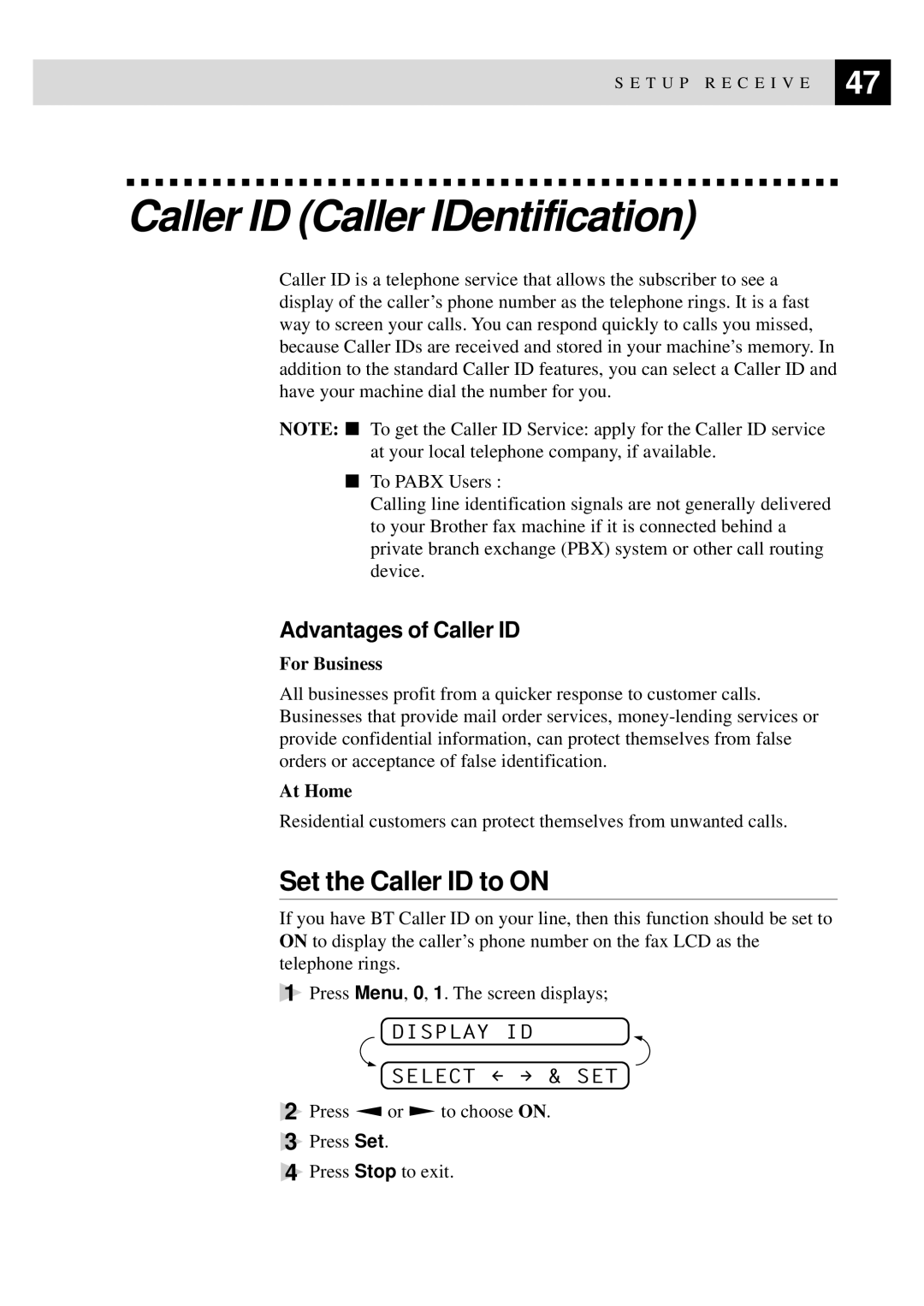 Brother FAX-930 Caller ID Caller IDentification, Set the Caller ID to on, Advantages of Caller ID, Display ID Select & SET 