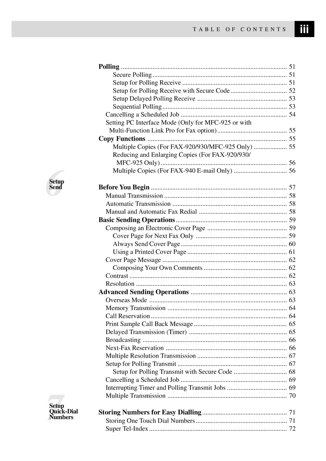 Brother FAX-940 E-mail, MFC-925, FAX-930, FAX-920 manual Iii 