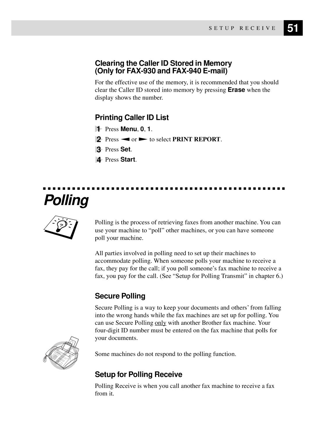 Brother FAX-930, MFC-925, FAX-940 E-mail, FAX-920 Printing Caller ID List, Secure Polling, Setup for Polling Receive 