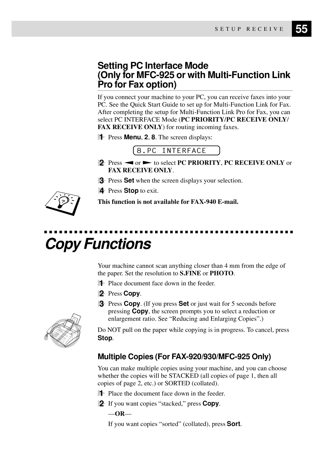 Brother FAX-930, FAX-940 E-mail manual Copy Functions, Multiple Copies For FAX-920/930/MFC-925 Only, PC Interface 