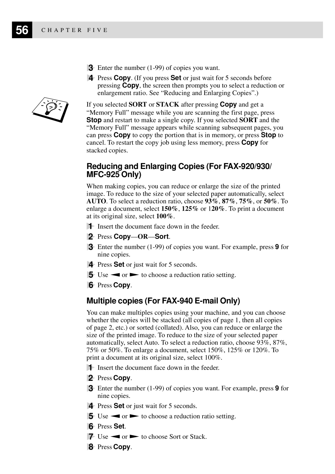 Brother FAX-940 E-mail, FAX-930 manual Reducing and Enlarging Copies For FAX-920/930/ MFC-925 Only 