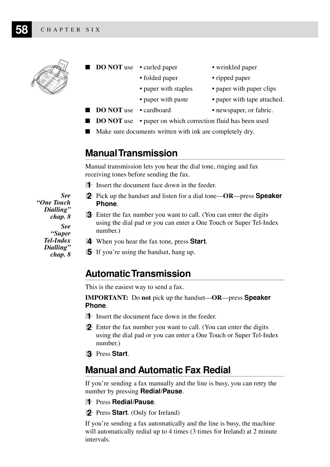 Brother MFC-925, FAX-930, FAX-940 E-mail manual Manual Transmission, Automatic Transmission, Manual and Automatic Fax Redial 