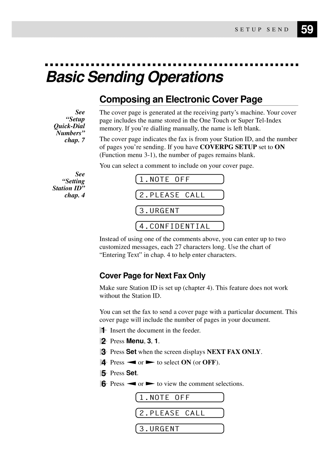 Brother FAX-930 Basic Sending Operations, Composing an Electronic Cover, Cover Page for Next Fax Only, Please Call Urgent 