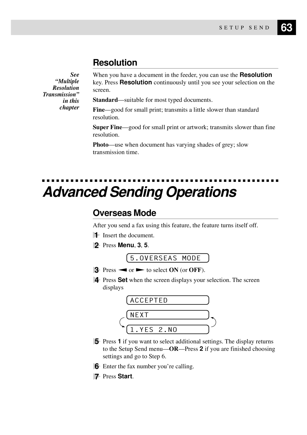 Brother FAX-930, MFC-925, FAX-940 E-mail, FAX-920 manual Advanced Sending Operations, Resolution, Overseas Mode 