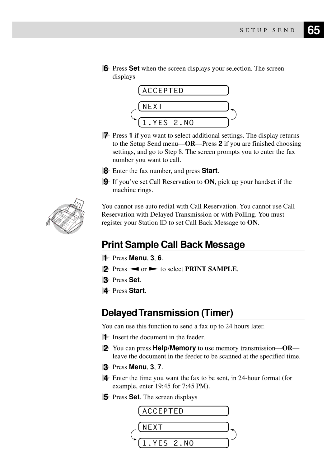 Brother FAX-920, MFC-925, FAX-930, FAX-940 E-mail manual Print Sample Call Back Message, Delayed Transmission Timer 