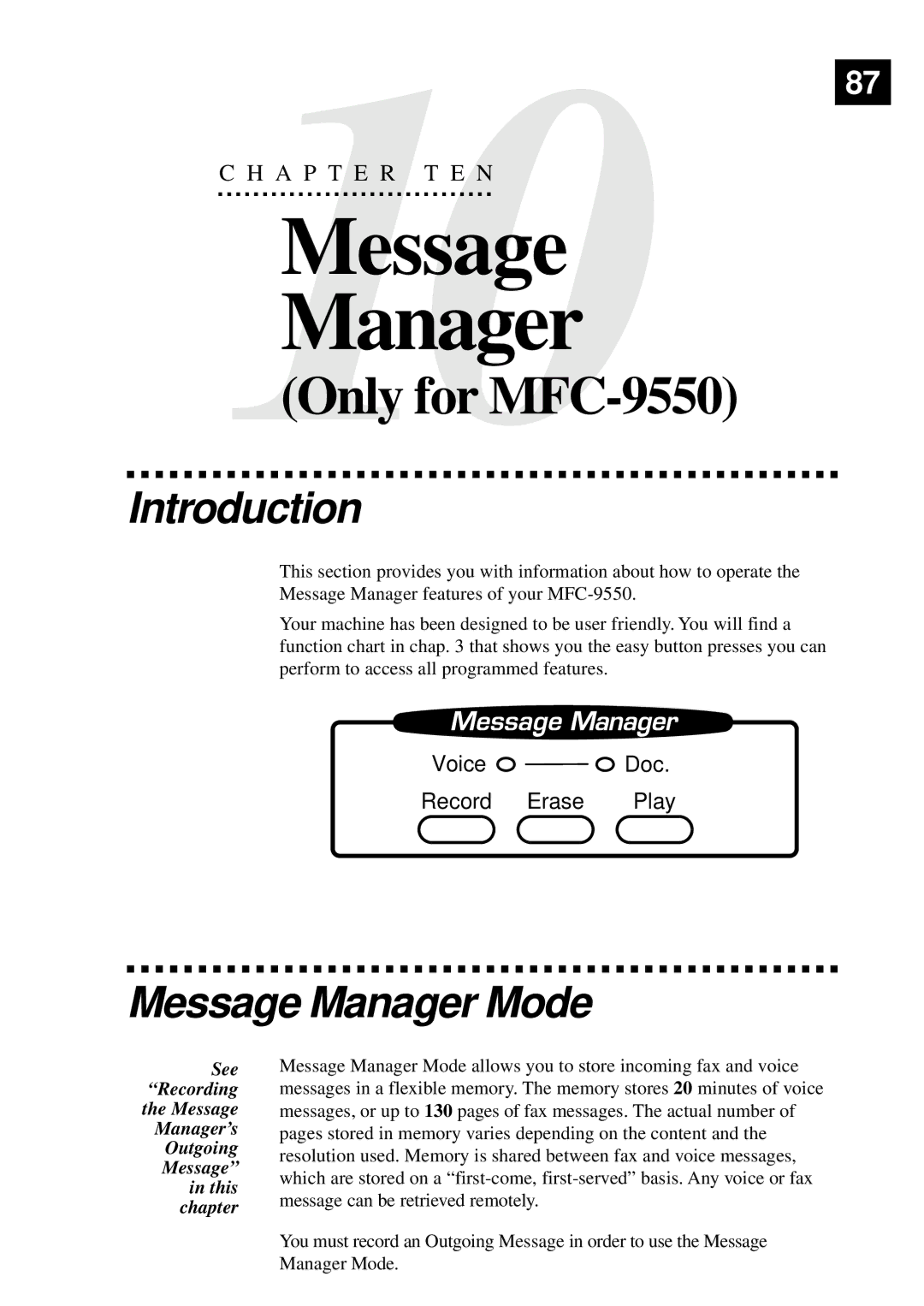 Brother MFC-9550 manual Introduction, Message Manager Mode 