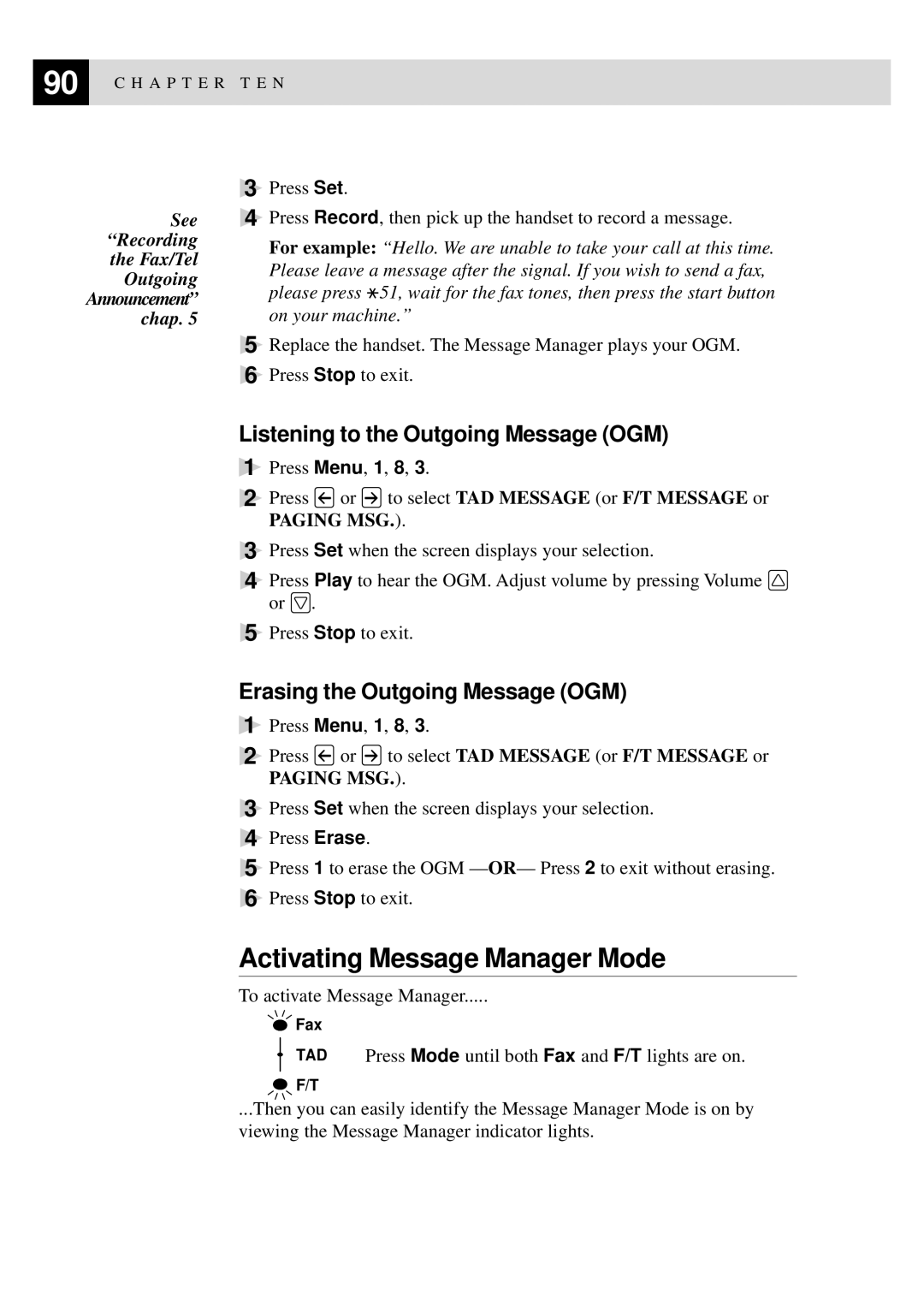 Brother MFC-9550 Activating Message Manager Mode, Listening to the Outgoing Message OGM, Erasing the Outgoing Message OGM 