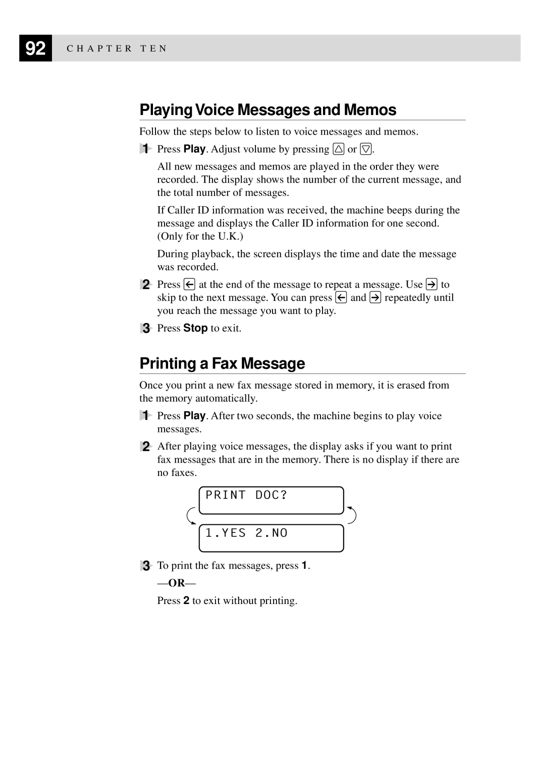 Brother MFC-9550 manual Playing Voice Messages and Memos, Printing a Fax Message, Print DOC? 