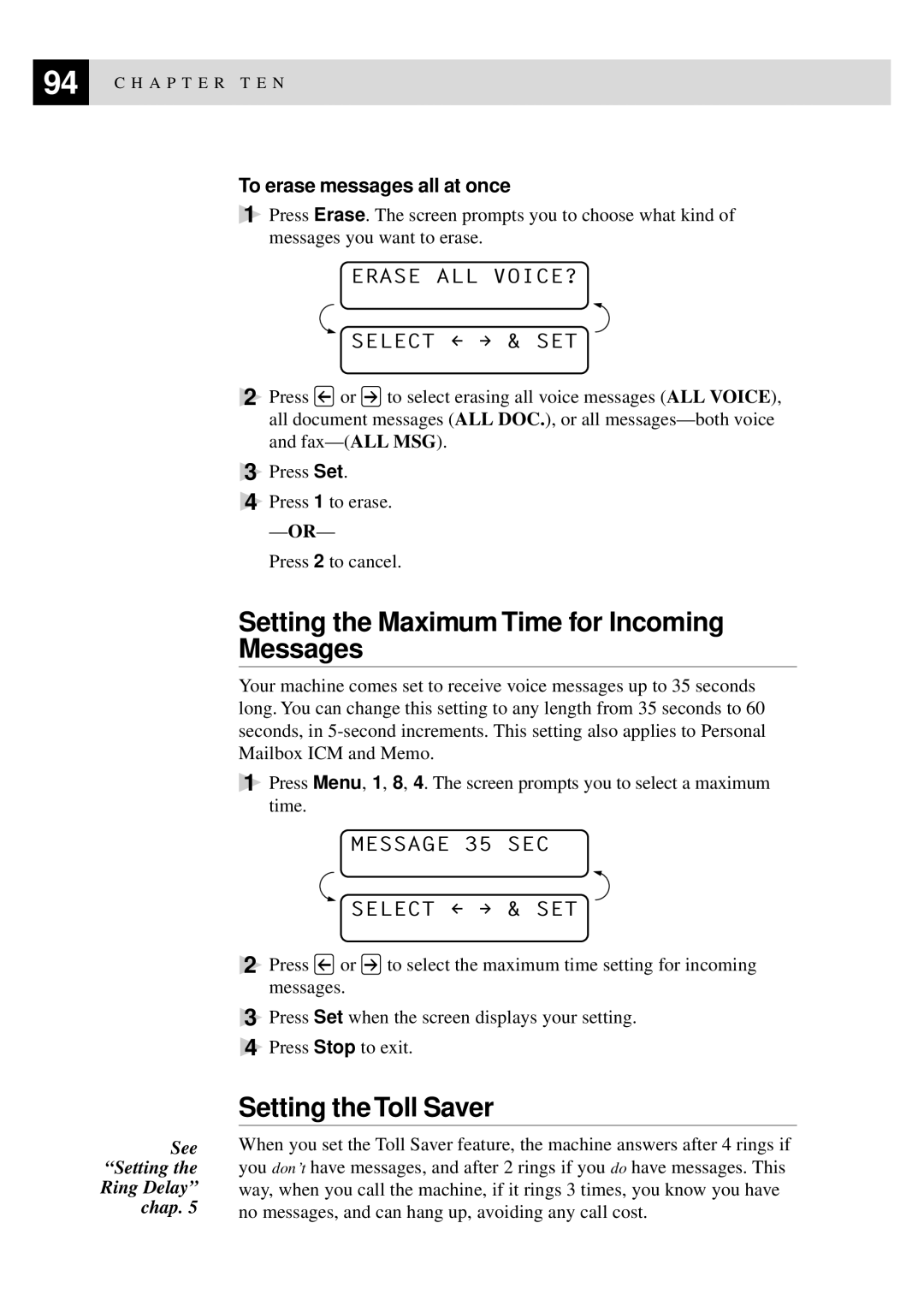 Brother MFC-9550 Setting the Maximum Time for Incoming Messages, Setting the Toll Saver, Erase ALL VOICE? Select & SET 