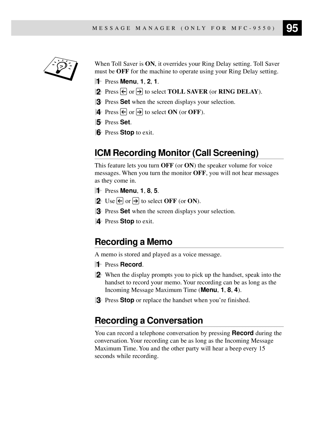 Brother MFC-9550 manual ICM Recording Monitor Call Screening, Recording a Memo, Recording a Conversation 