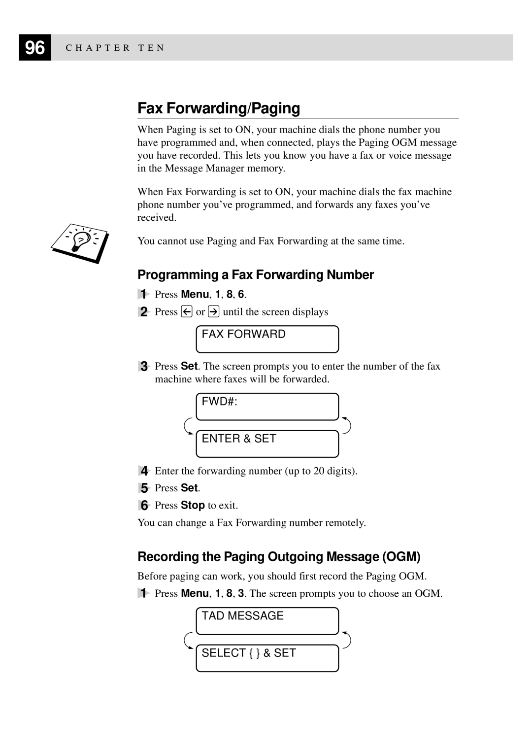 Brother MFC-9550 Fax Forwarding/Paging, Programming a Fax Forwarding Number, Recording the Paging Outgoing Message OGM 