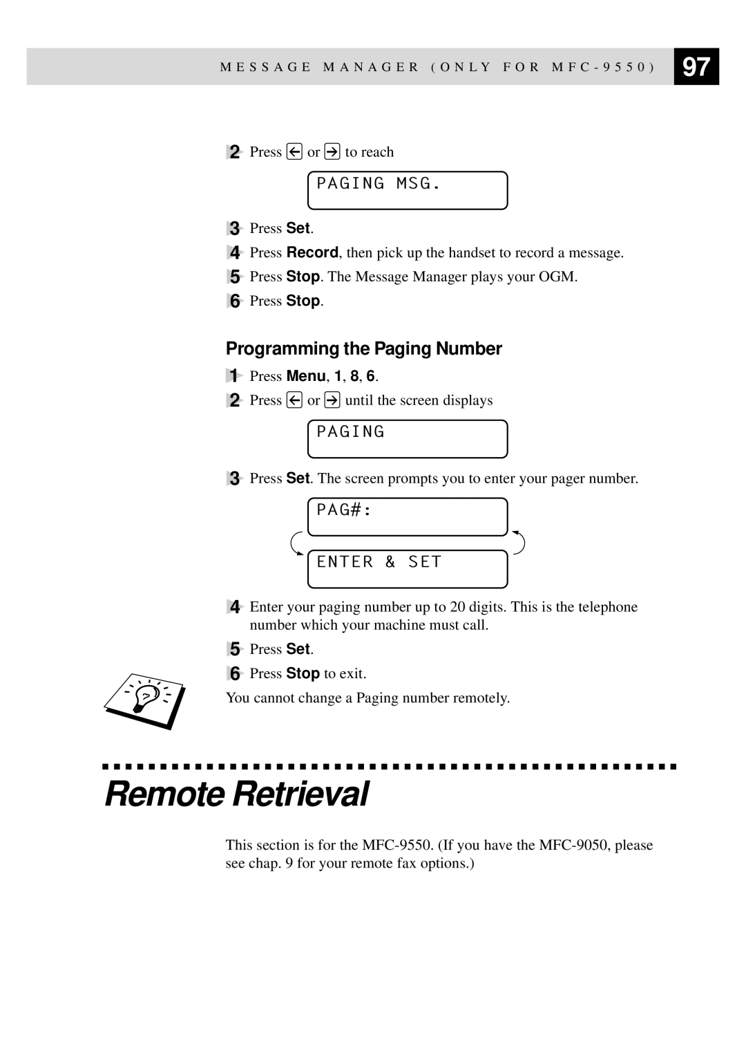 Brother MFC-9550 manual Programming the Paging Number, Paging MSG, PAG# Enter & SET 