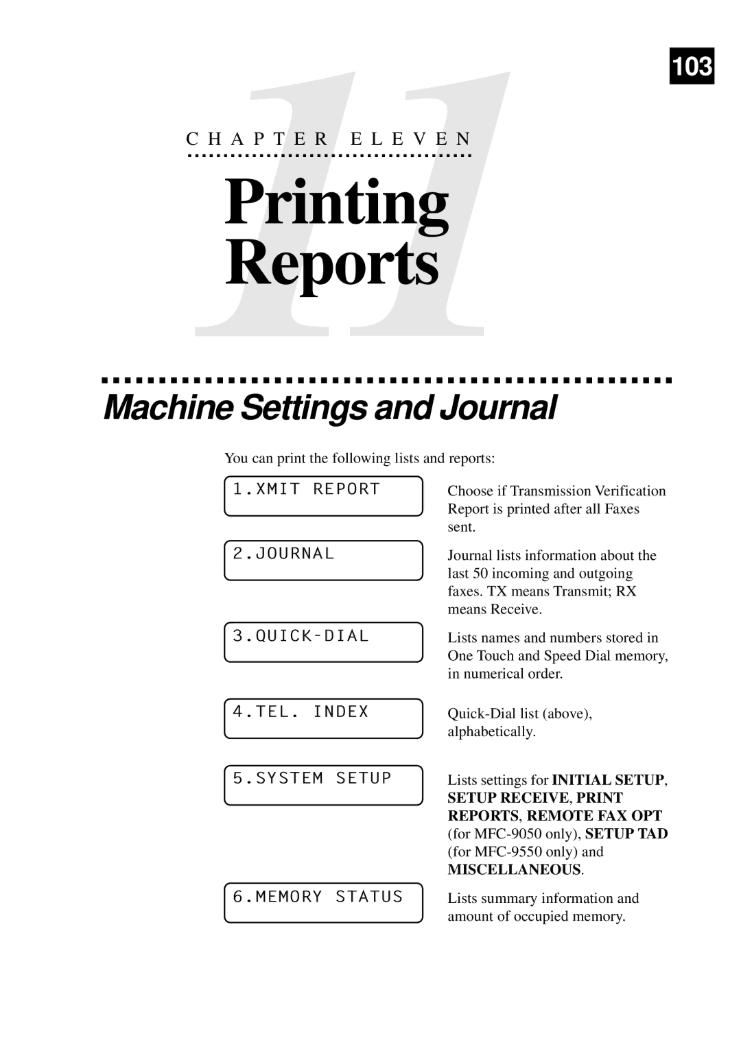 Brother MFC-9550 manual Printing Reports, Machine Settings and Journal, Xmit Report Journal QUICK-DIAL 