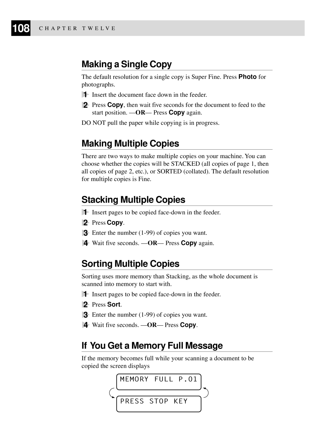 Brother MFC-9550 manual Making a Single Copy, Making Multiple Copies, Stacking Multiple Copies, Sorting Multiple Copies 