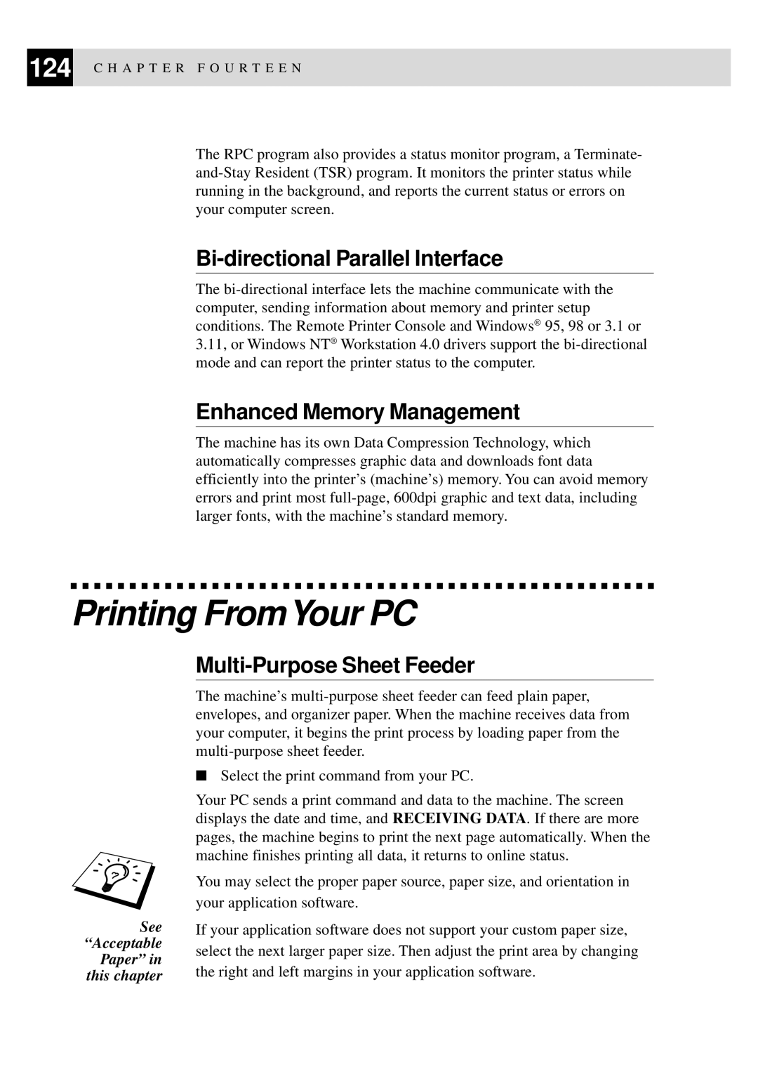 Brother MFC-9550 manual Printing FromYour PC, Bi-directional Parallel Interface, Enhanced Memory Management 