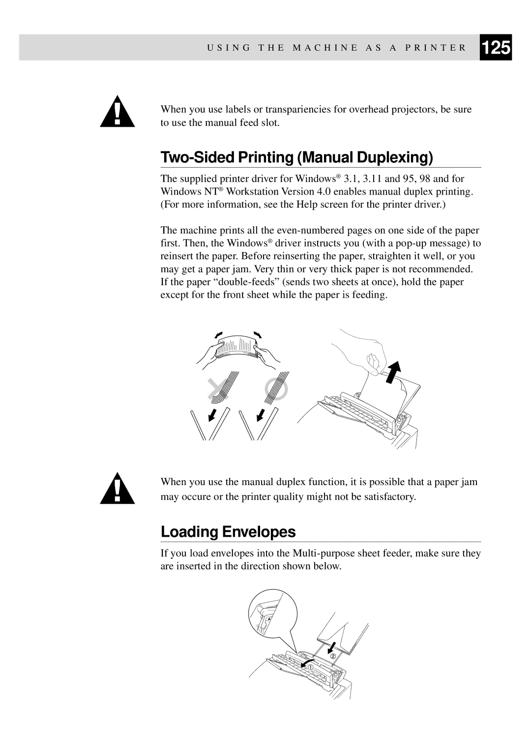 Brother MFC-9550 manual Two-Sided Printing Manual Duplexing, Loading Envelopes 