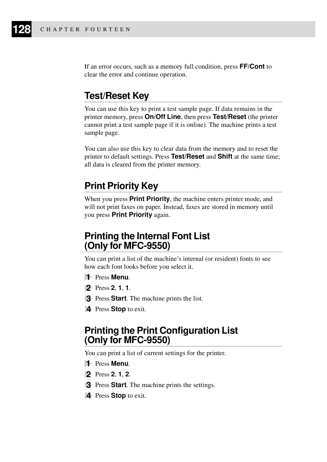 Brother manual Test/Reset Key, Print Priority Key, Printing the Internal Font List Only for MFC-9550 