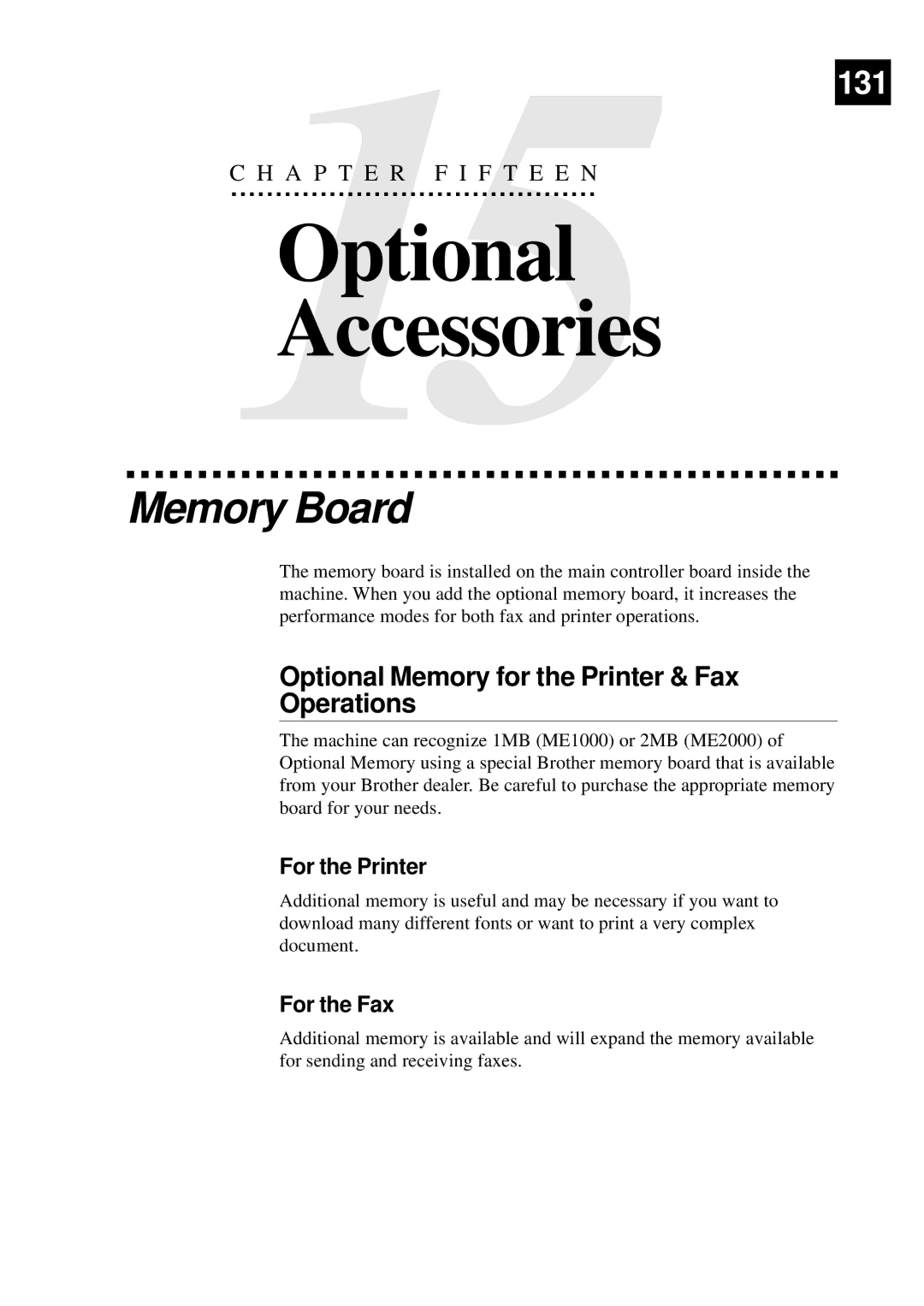 Brother MFC-9550 Optional Accessories, Memory Board, Optional Memory for the Printer & Fax Operations, For the Printer 