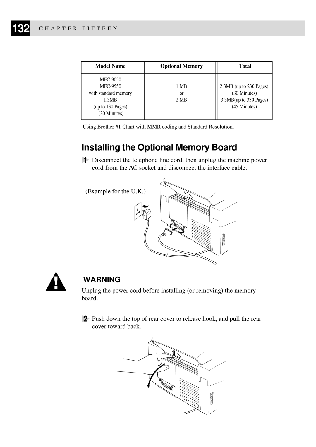 Brother MFC-9550 manual Installing the Optional Memory Board, Model Name Optional Memory Total 