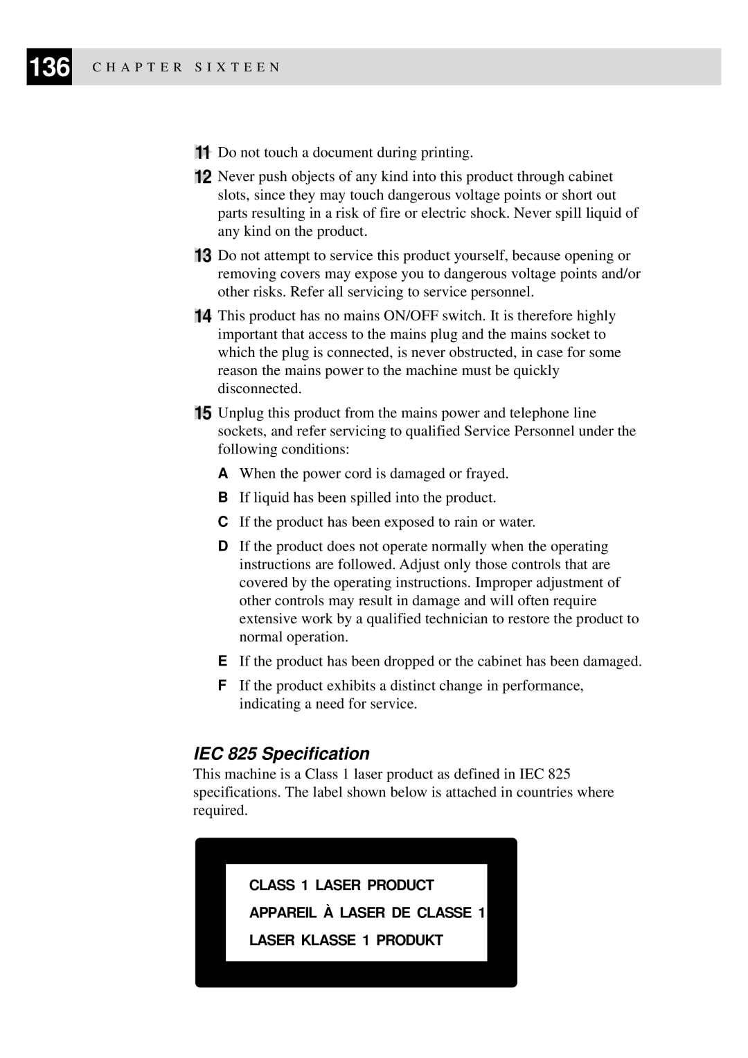 Brother MFC-9550 manual IEC 825 Specification 