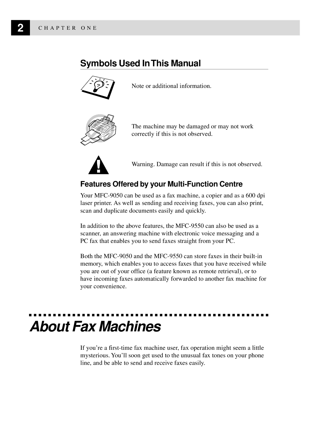 Brother MFC-9550 manual About Fax Machines, Symbols Used In This Manual, Features Offered by your Multi-Function Centre 