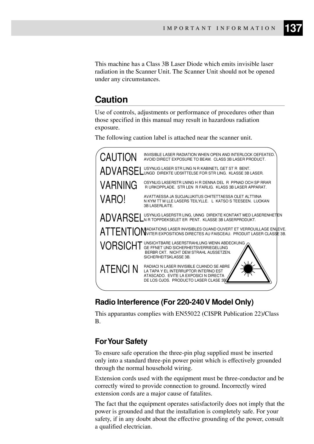 Brother MFC-9550 manual Radio Interference For 220-240 V Model Only, ForYour Safety 