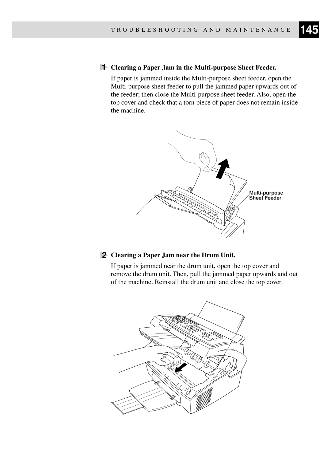 Brother MFC-9550 manual Clearing a Paper Jam in the Multi-purpose Sheet Feeder, Clearing a Paper Jam near the Drum Unit 