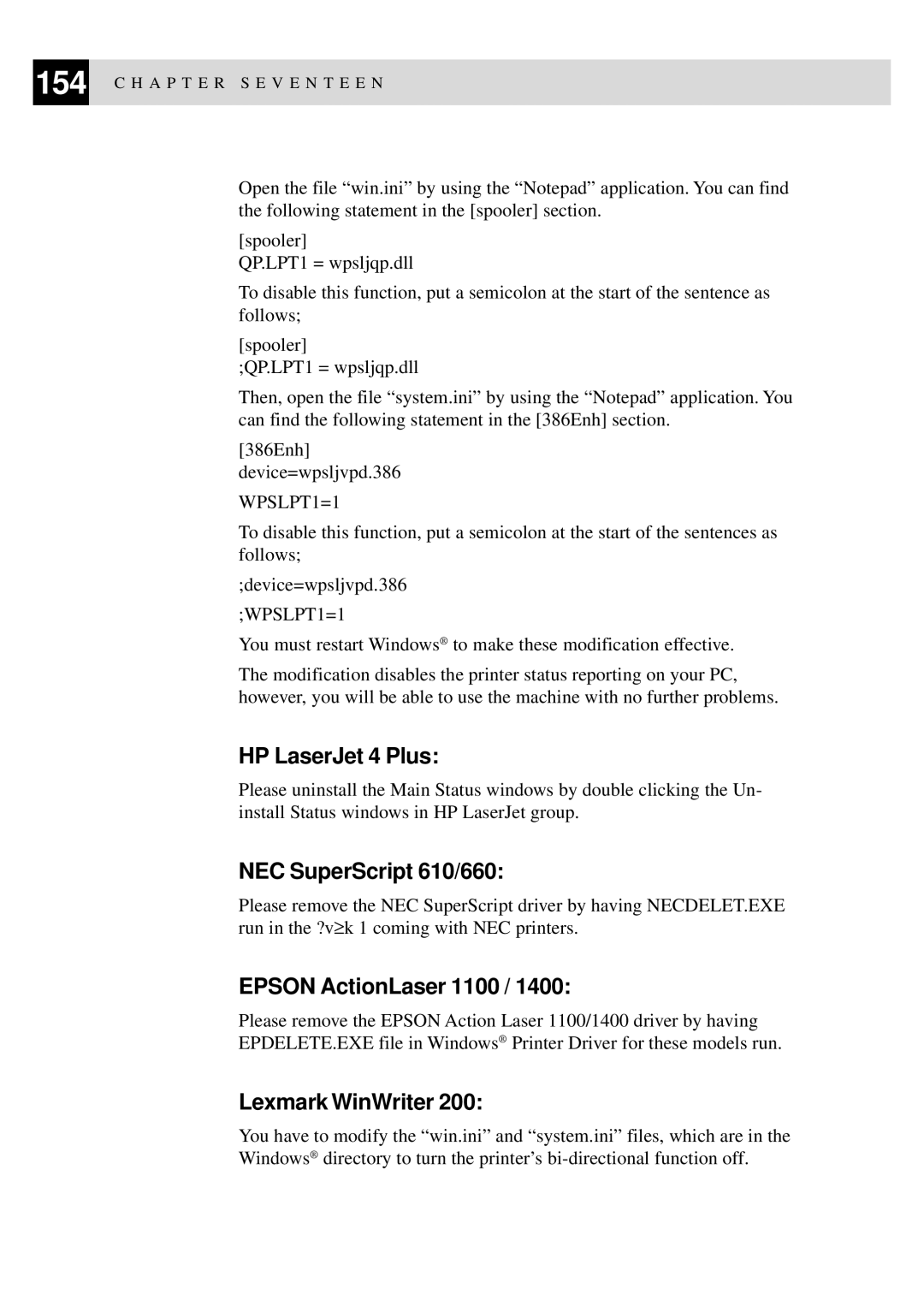 Brother MFC-9550 manual HP LaserJet 4 Plus, NEC SuperScript 610/660, Epson ActionLaser 1100, Lexmark WinWriter 