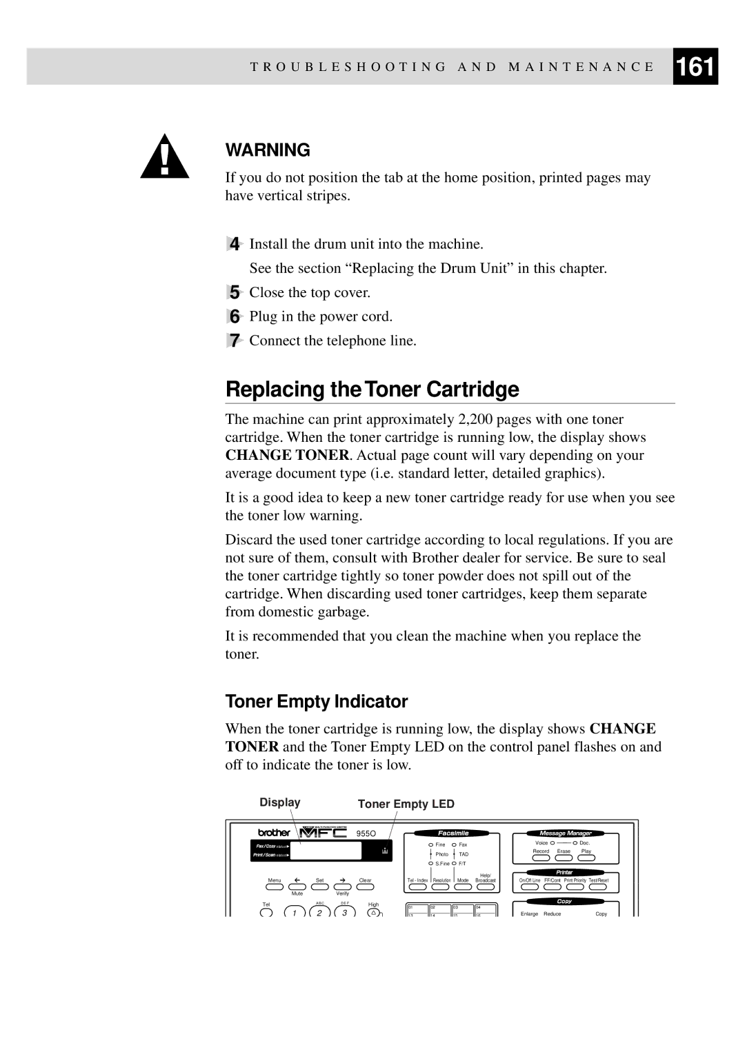 Brother MFC-9550 manual Replacing the Toner Cartridge, Toner Empty Indicator 