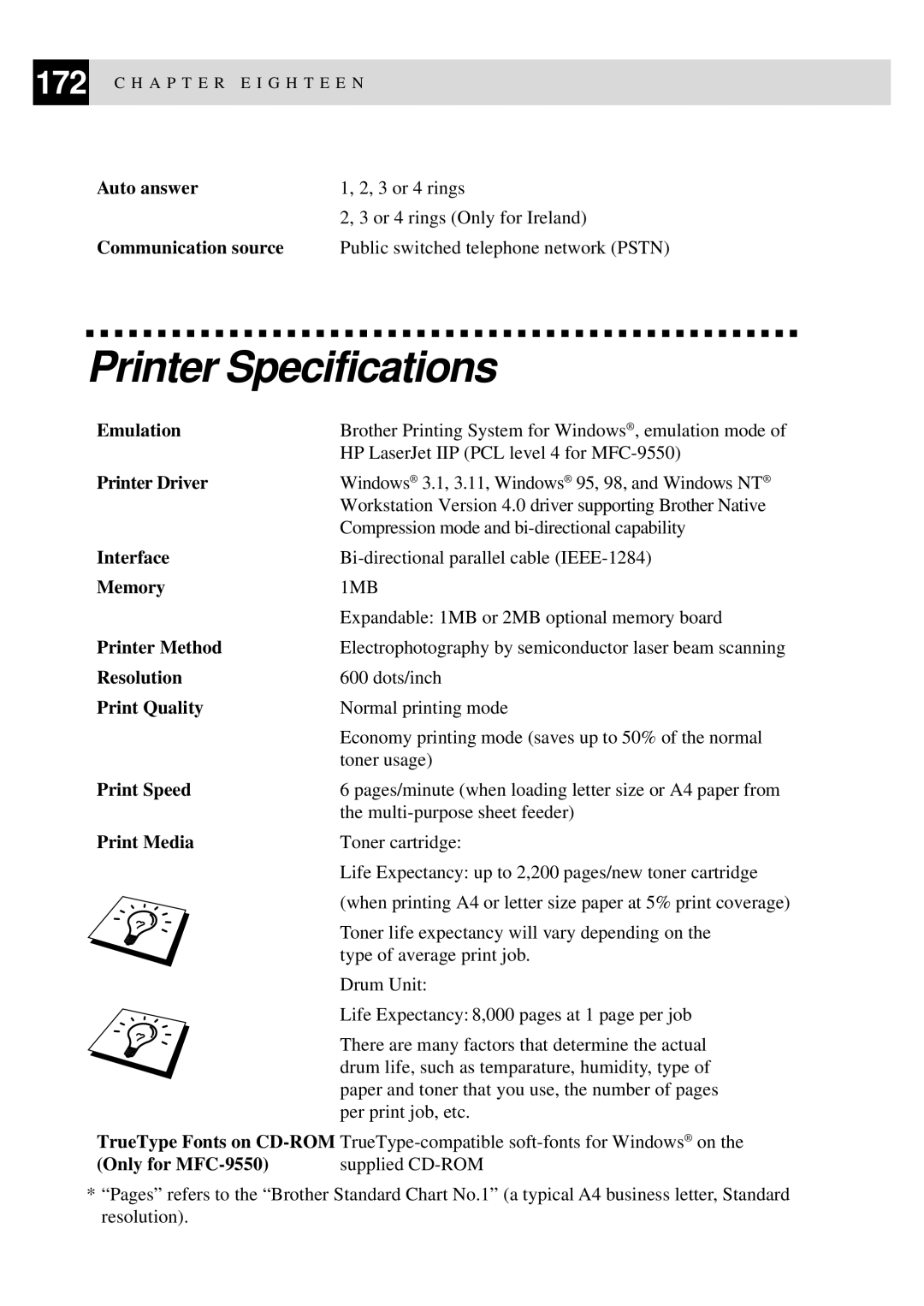 Brother MFC-9550 manual Printer Specifications 