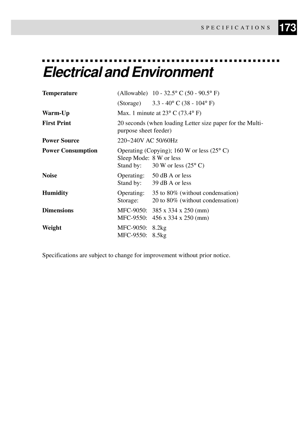 Brother MFC-9550 manual Electrical and Environment 